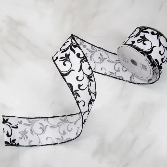 Northlight Black Grosgrain with White Floral Design Wired Craft Ribbon 2.5" x 10 Yards {3}