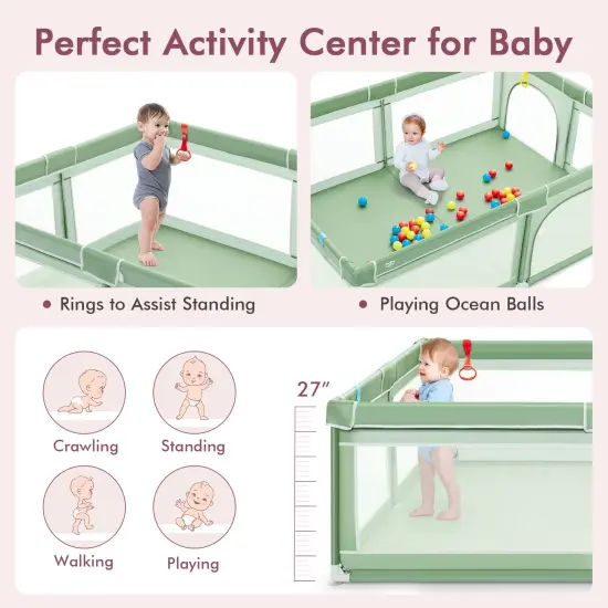 Portable Extra-Large Safety Baby Fence with Ocean Balls and Rings Green {6}