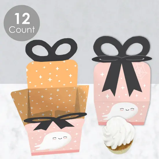 Big Dot of Happiness Pastel Halloween - Square Favor Gift Boxes - Pink Pumpkin Party Bow Boxes - Set of 12 {4}