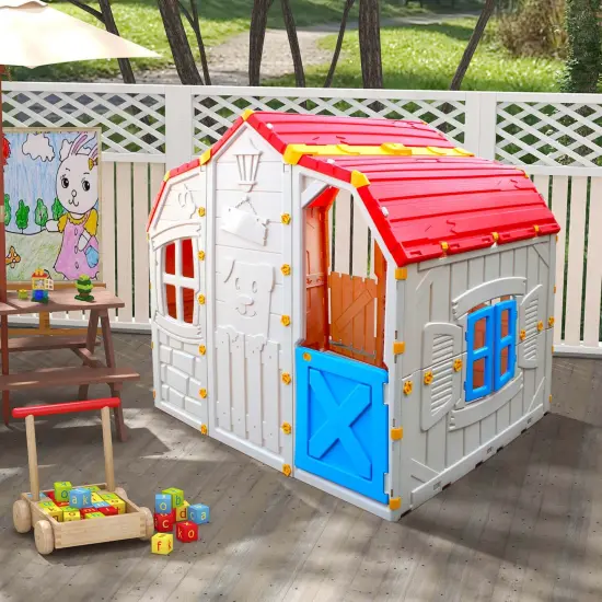 Costway Kids Playhouse Realistic Cottage Playhouse with Openable Windows & Working Door {2}