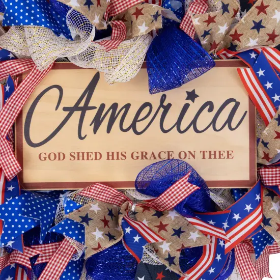 Northlight Stars and Stripes "America, God Shed His Grace on Thee" Patriotic Bow Wreath - 18" Blue {6}