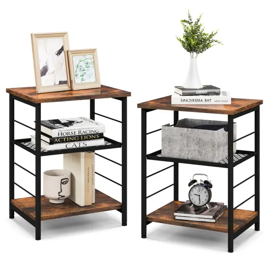 Costway 2 PCS 3-Tier Side End Table with Adjustable Mesh Shelf Narrow Nightstand {1}