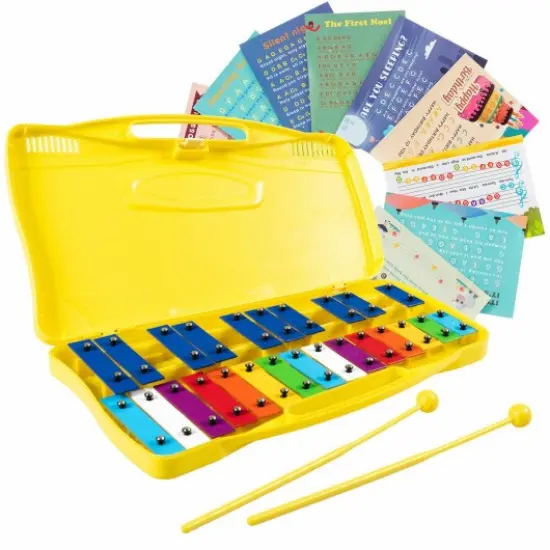 Portable Kids Glockenspiel Chromatic Metal Xylophone with 25 Tunes and 15 Rainbow Color Notes with 2 Full Octaves Yellow {3}