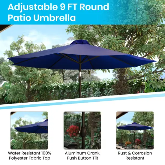 Merrick Lane Outdoor Powder Coated Steel Dining Table with Faux Teak Poly Slat Top, 9' Patio Umbrella and Base Gray {9}