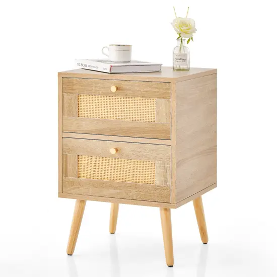 Costway 1/2 PCS Rattan Nightstand Boho Accent Bedside Table with 2 Storage Drawers Natural {1}