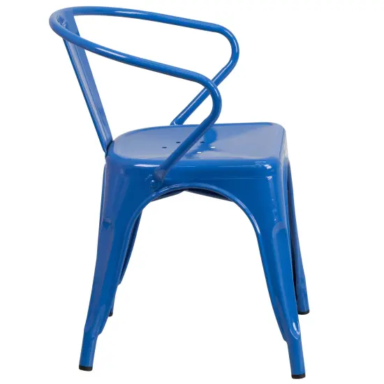 Emma and Oliver Commercial Grade Colorful Metal Indoor-Outdoor Chair with Arms Blue {5}