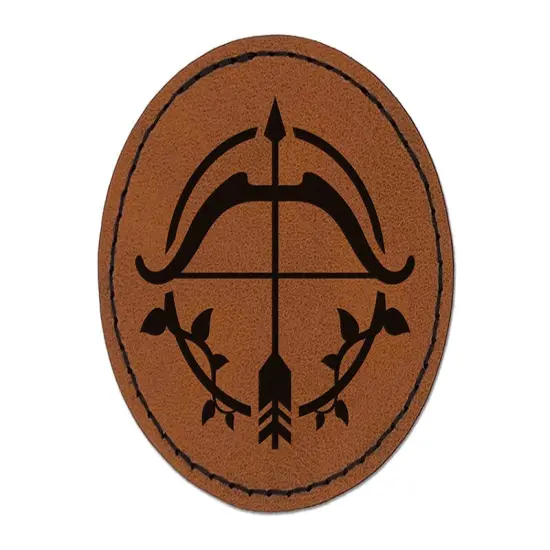 Ranger Hunter Bow with Vines Gaming Round Iron-On Engraved Faux Leather Patch Applique - 2.5" Brown {1}