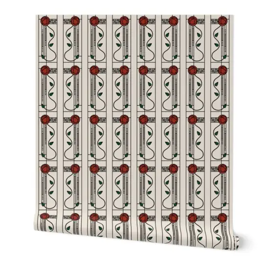 Peel & Stick Wallpaper 2FT Wide Rose Beige Antique Vintage Glasgow Craftsman Victorian Art Nouveau Mackintosh Stain Glass Window Small Scale Custom Removable Wallpaper by Spoonflower {7}