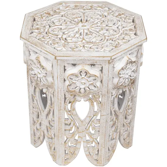 Northlight 18" Antique White and Brushed Gold Carved Octagonal Side Table {1}