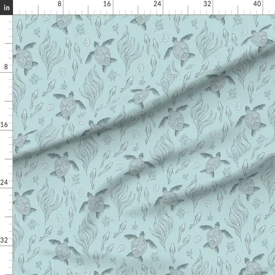 Various Fabrics by the Yard or Fat Quarter Blue Aqua Hand Drawn Ocean Sea Turtles Seaside Beach Coastal Fish Large Scale House Chic Custom Printed Fabric by Spoonflower {1}