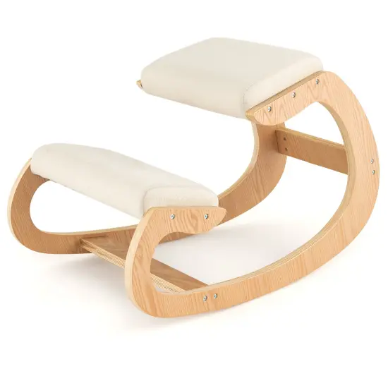 Wooden Rocking Chair With Comfortable Padded Seat Cushion And Knee Support Beige {2}