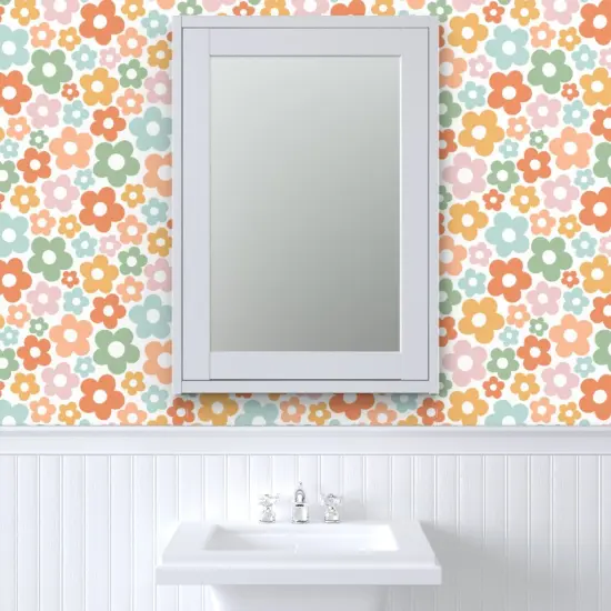 Peel & Stick Wallpaper 2FT Wide Retro Whimsical Floral Sage Green Mustard Yellow Pale Pink Boho Custom Removable Wallpaper by Spoonflower {6}