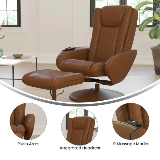 Emma and Oliver Massaging Multi-Position Plush Recliner with Side Pocket and Ottoman Brown {2}