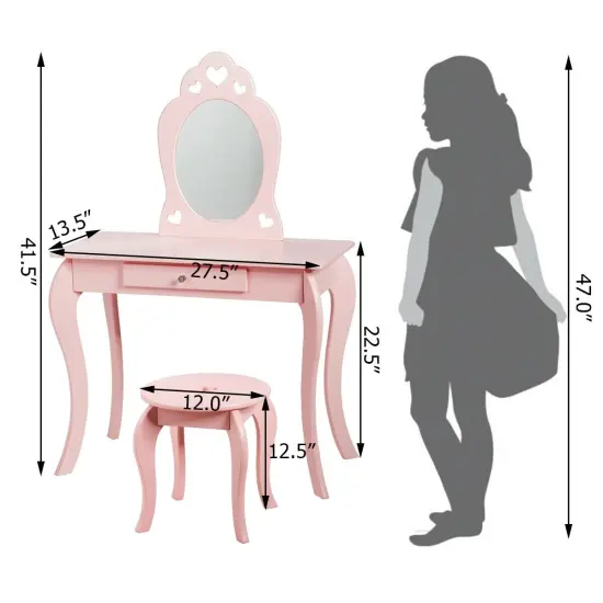 Kids Princess Makeup Dressing Play Table Set with Mirror Pink {4}