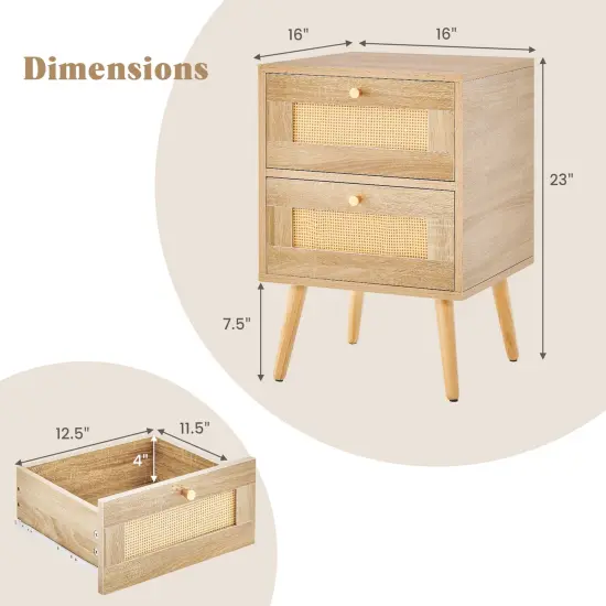 Costway 1/2 PCS Rattan Nightstand Boho Accent Bedside Table with 2 Storage Drawers Natural {4}