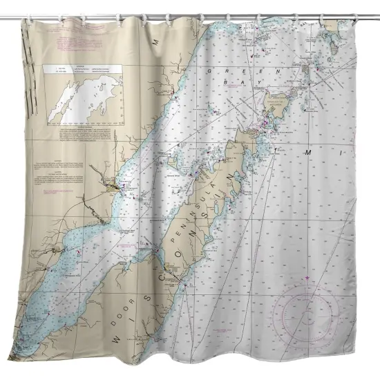Betsy Drake Door County, Green Bay, WI Nautical Map Shower Curtain {1}