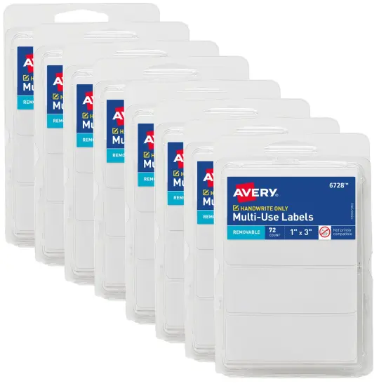 Avery Multi-Use Removable Labels, 1" x 3", White, Non-Printable, 8 Packs, 576 Blank Labels Total (21932) {1}