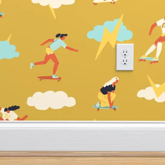 Peel & Stick Wallpaper 2FT Wide Skater Girls Retro 1970S Skateboard Feminism Women Skateboarding Custom Removable Wallpaper by Spoonflower {4}