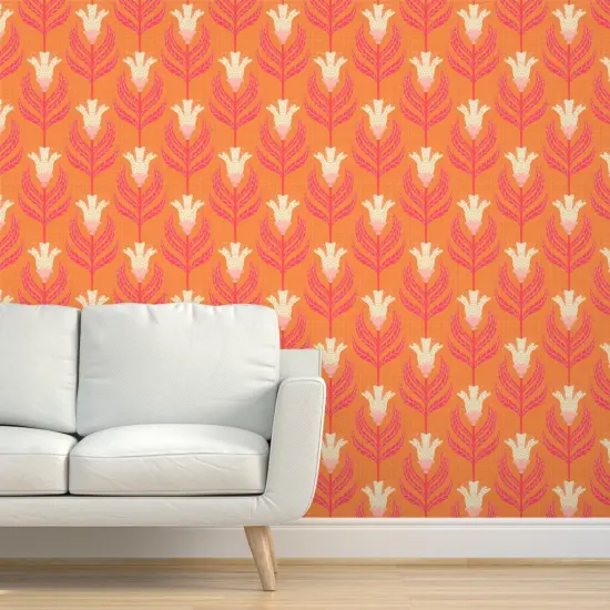 Pre-Pasted Wallpaper 2FT Wide Floral Damask Bright Vintage Cream Retro Orange Funky Simple Custom Pre-pasted Wallpaper by Spoonflower {5}