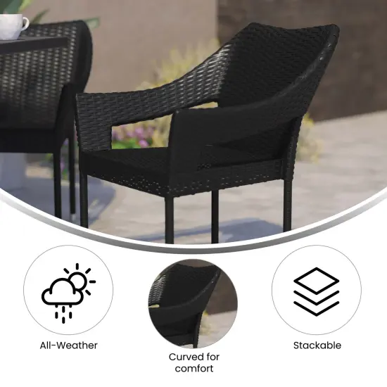 Emma and Oliver Embry All-Weather Indoor/Outdoor Stacking Patio Dining Chair with Steel Frame and Weather Resistant PE Rattan Black {4}