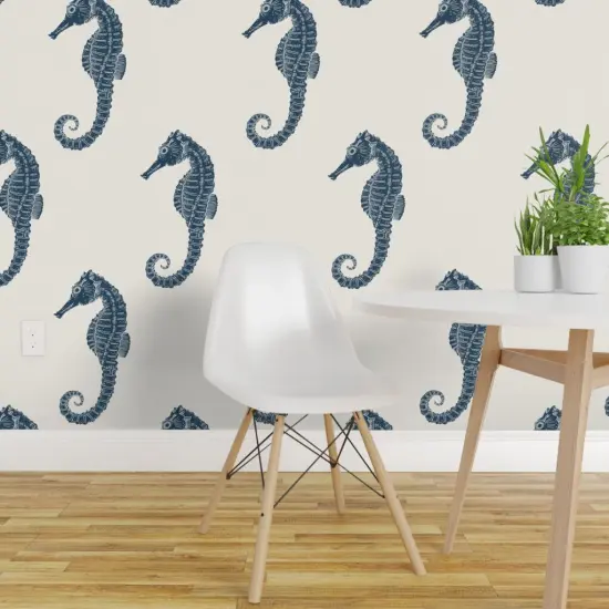 Pre-Pasted Wallpaper 2FT Wide Coastal Seahorse Beach Sealife Sea Ocean Nautical Blue Cream Maritime Xl Scale Custom Pre-pasted Wallpaper by Spoonflower {1}