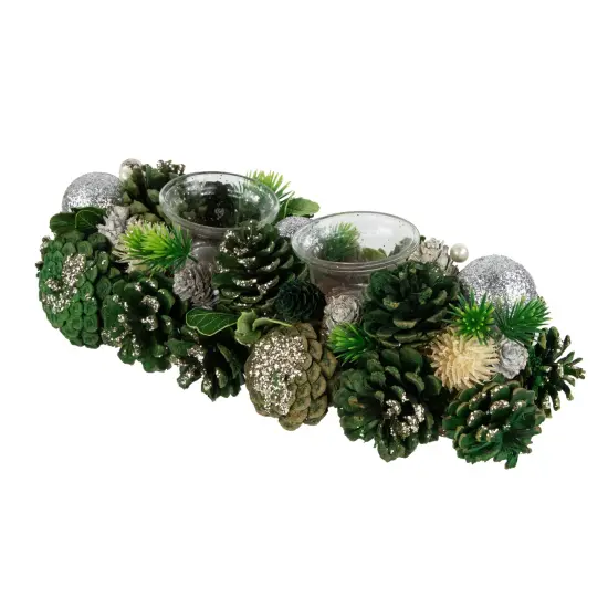Northlight 13" Green Pinecone and Silver Glitter Ornaments Christmas Tealight Candle Holder {4}