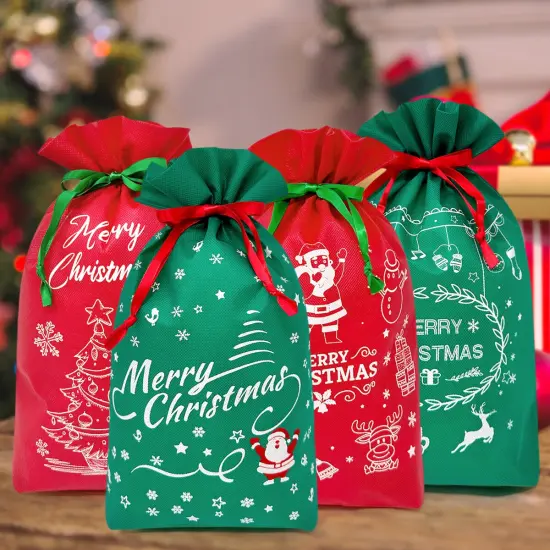 Wrapables Non-Woven Christmas Holiday Drawstring Gift Bags for Party Favors, Goodie Bag, Treats, Gift Wrap, Parties (Set of 8) Red Green {3}