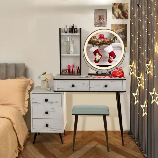 Vanity Table Set with 3-Color Lighted Mirror and Cushioned Stool White {6}