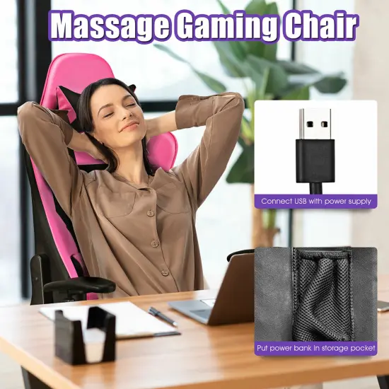 Costway Massage Gaming Chair Reclining Racing Office Computer Chair with Footrest White\Blue\Pink\Red {6}