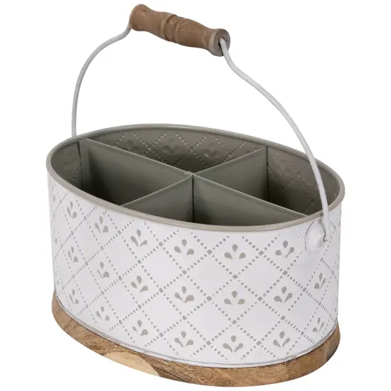 Northlight 10" White Oval Embossed Utensil Caddy with Handle and Wood Base {5}