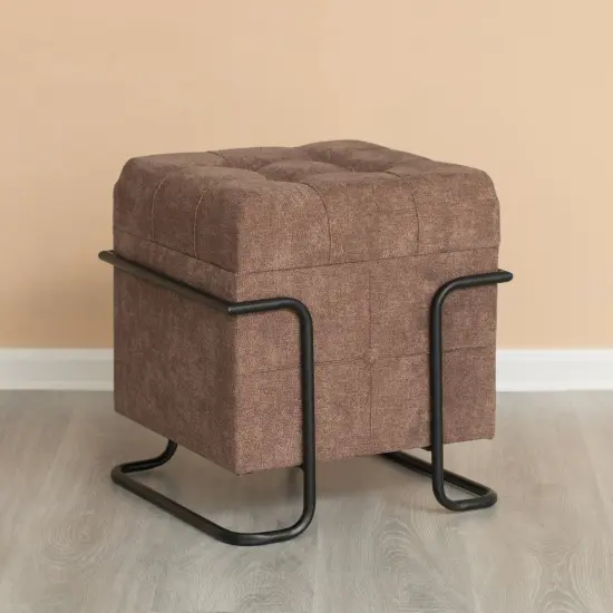 Square Fabric Storage Ottoman with Black Metal Frame Brown {2}