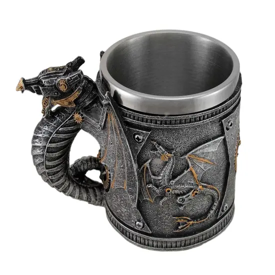 Steampunk Geared Dragon Stainless Steel Lined Silvered Tankard {3}