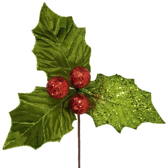 Northlight 19" Glittered Holly with Berry Christmas Stem Spray Green {4}
