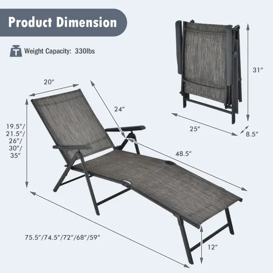 Patio Foldable Chaise Lounge Chair with Backrest and Footrest Grey {4}