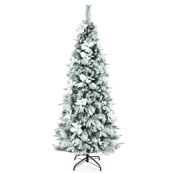 Costway 5ft/6ft/7ft/8ft Snow Flocked Christmas Pencil Tree w/ Berries & Poinsettia Flowers {1}