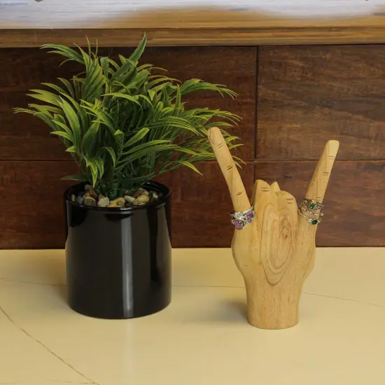 Carved Wooden Rock On Devil Horns Hand Gesture Statue Natural Finish Home Decor {6}