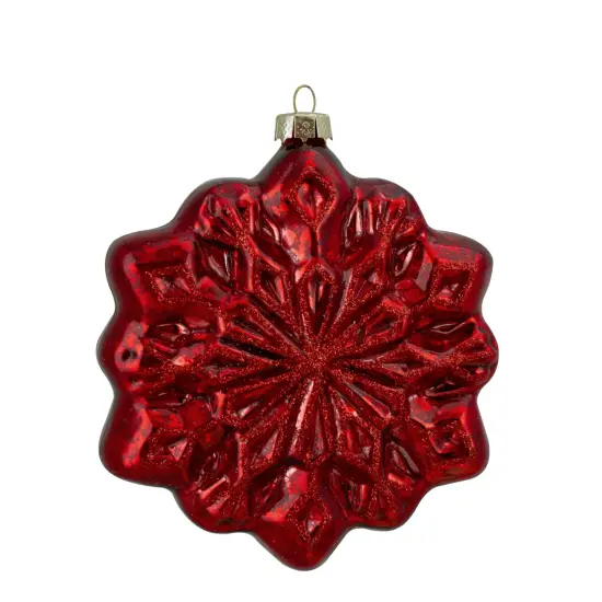 Northlight Glass Snowflake Christmas Ornaments - 3.75-Inch (100mm) - Red and Silver - 4ct {5}