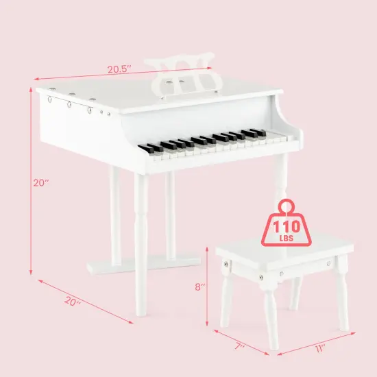 MDF and Birch Kids Classical Piano with Bench, Music Stand and Safe Design White {2}