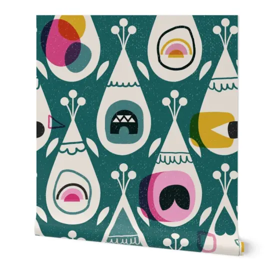 Peel & Stick Wallpaper 2FT Wide Modern Retro Abstract Mid Century Mod Bird Feather Dark Green Custom Removable Wallpaper by Spoonflower {7}