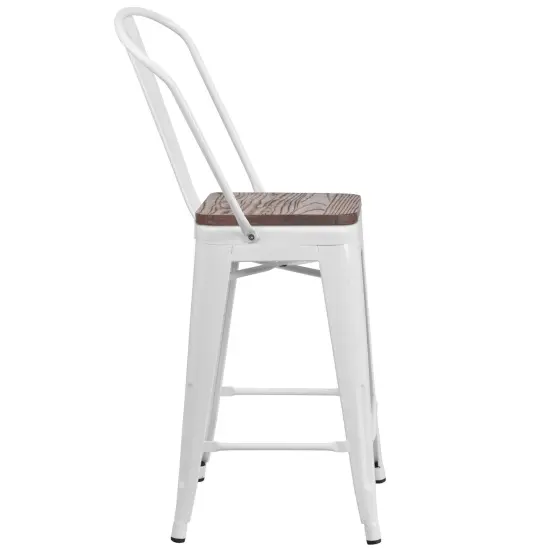 Merrick Lane Donnely Metal Dining Stool with Curved Slatted Back and Textured Wood Seat White {5}