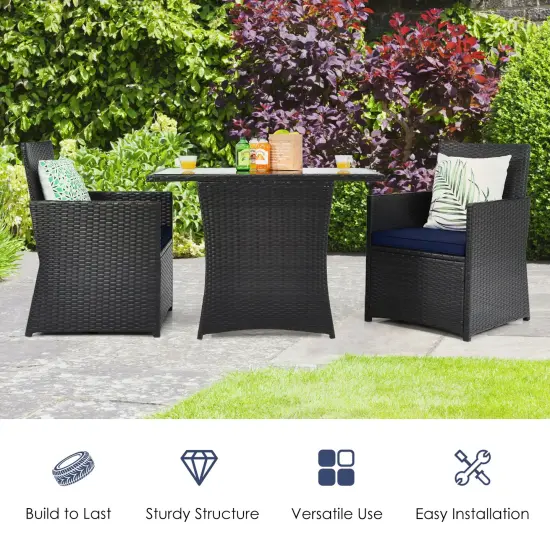 3 Pieces Patio Rattan Furniture Set with Cushion and Sofa Armrest Navy {2}
