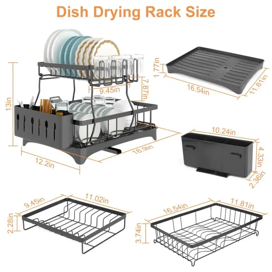 Dish Drying Rack with Drainboard Detachable 2-Tier Dish Rack Drainer Organizer Set with Utensil Holder Cup {4}