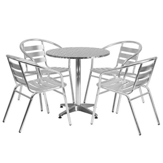 Emma and Oliver 27.5'' Round Aluminum Indoor-Outdoor Table Set with 4 Slat Back Chairs {1}