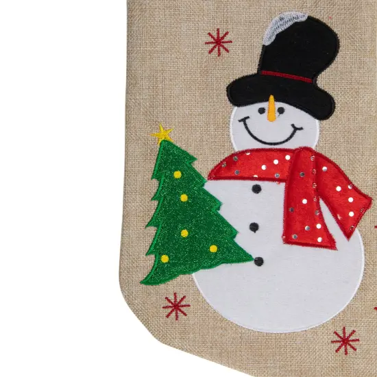 Northlight 19" Burlap Standing Snowman With a Tree and Snowflakes Christmas Stocking Beige {4}