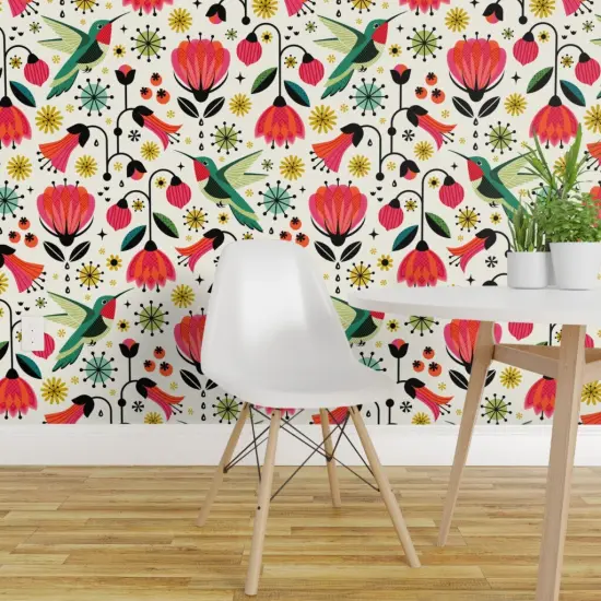 Peel & Stick Wallpaper 2FT Wide Hummingbird Vintage Flowers Floral Retro Mod Mid Century Scandi Red Yellow Green Custom Removable Wallpaper by Spoonflower {1}