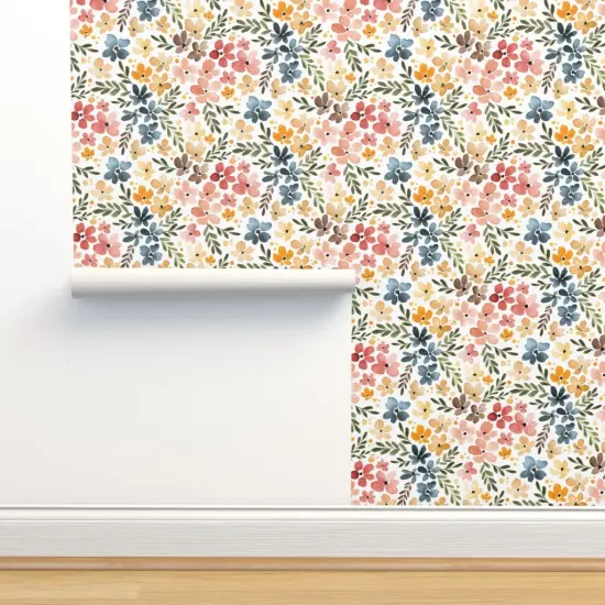 Pre-Pasted Wallpaper 2FT Wide Floral Multicolor Spring Summer Watercolor Botanical Painted Blooming Flowers Large Scale Custom Pre-pasted Wallpaper by Spoonflower {2}