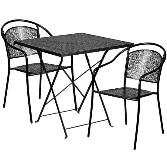 Emma and Oliver Commercial Grade 28" Square Metal Folding Patio Table Set w/ 2 Round Back Chairs Black {1}