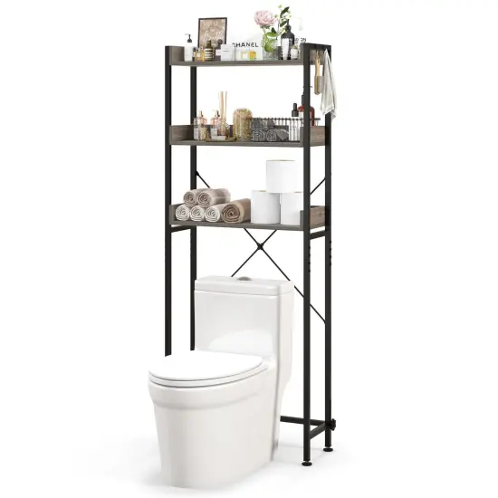 Over The Toilet Storage Rack With Hooks And Adjustable Bottom Bar Grey {4}