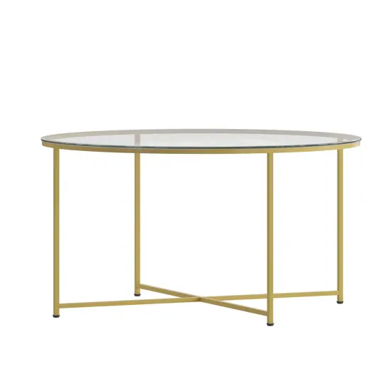 Merrick Lane Fairdale Coffee Table with Round Cross Brace Frame Clear/Brushed Gold {3}