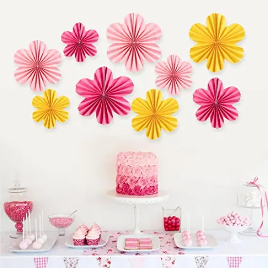 9 Pieces Paper Flowers Decorations for Wall Paper Fans Classroom Decoration Paper Floral Backdrop Decor Paper Fans Decoration Hanging Paper Fans Pink Flower Wall Decor {1}